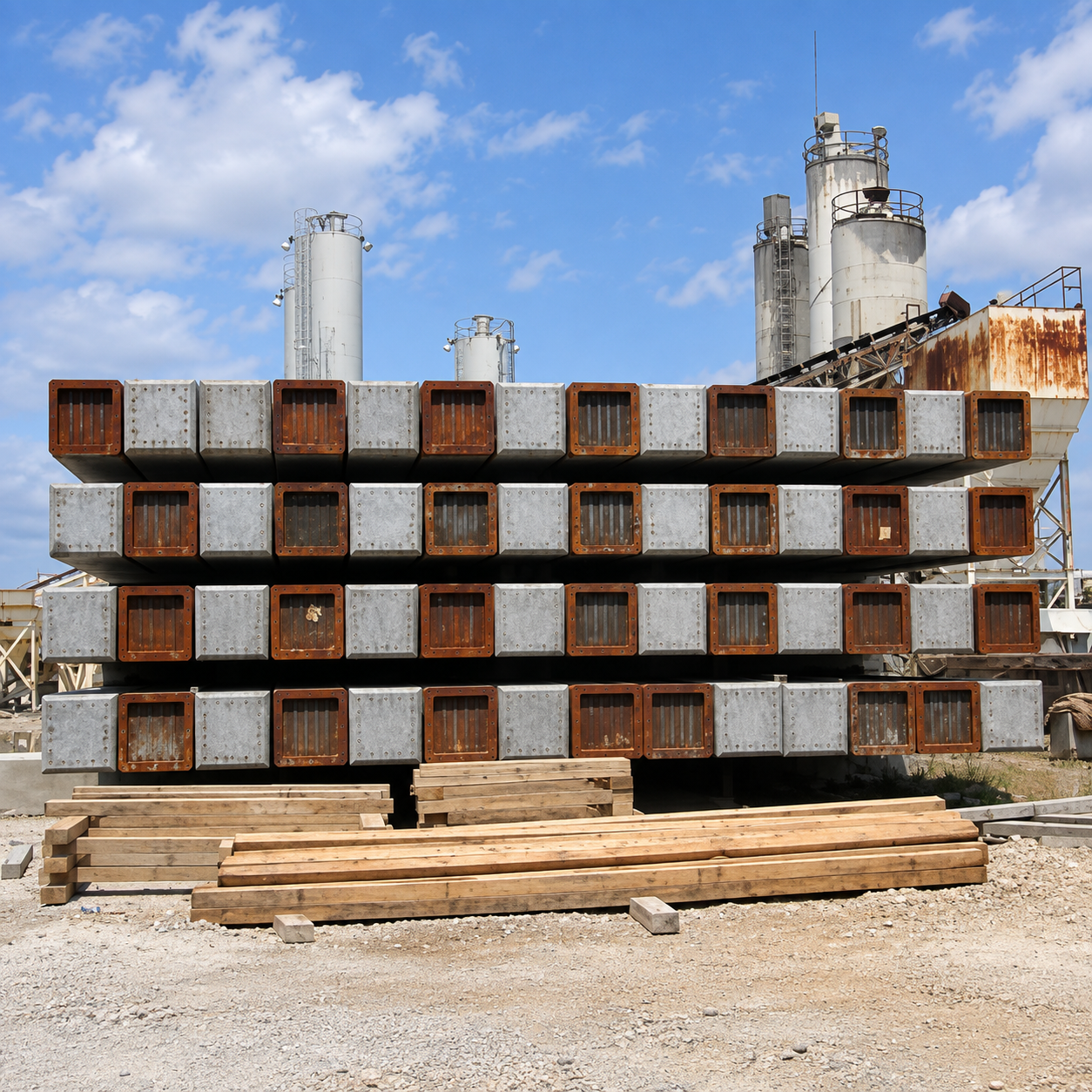 Stacks of square prestressed concrete piles with steel splice end plates at the LA DOTD LA1 Causeway casting yard