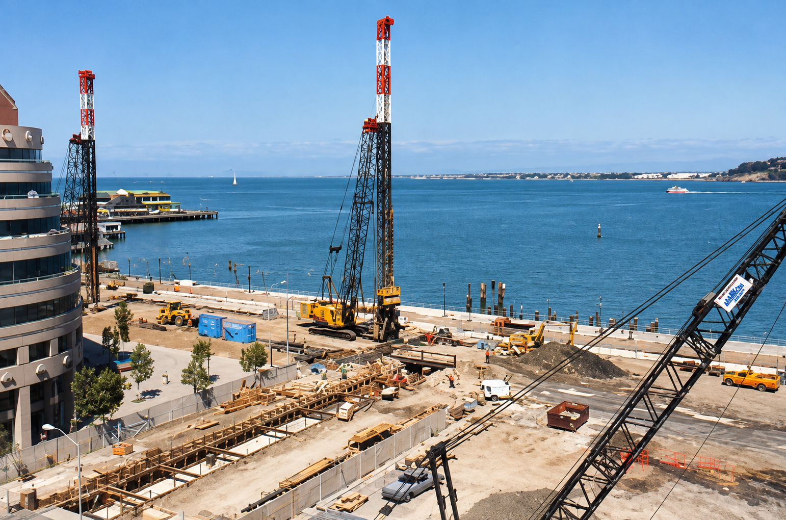 San Francisco MUNI-Metro construction site with lattice boom cranes performing deep foundation work