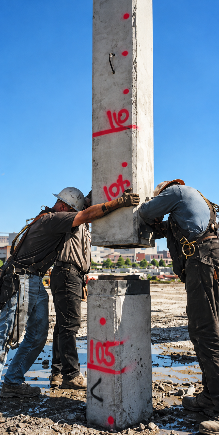 Workers guiding a square prestressed concrete pile section onto a KIE-LOCK splice at the San Francisco Mission Bay site