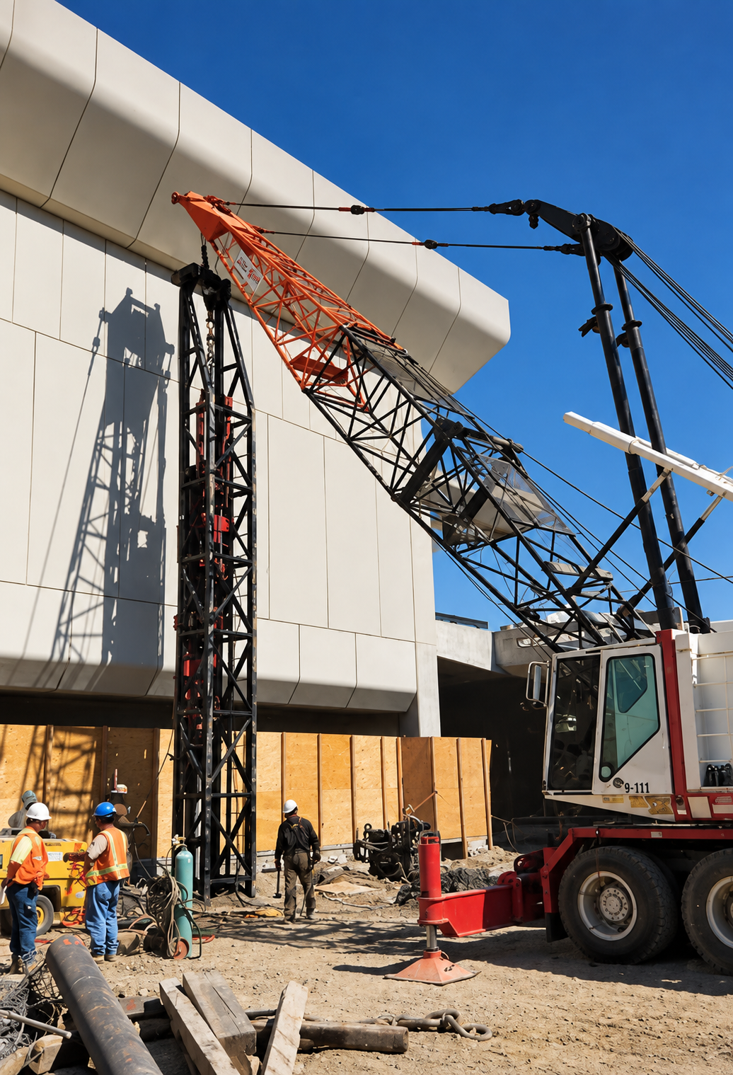 San Francisco Airport pile driving rig with lattice leads installing prestressed concrete piles