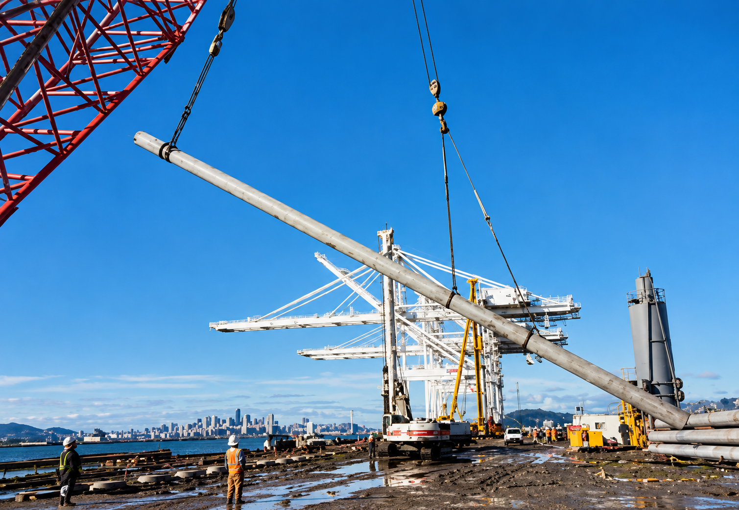 Long concrete pile segment suspended by a crane at the Port of Oakland Berth 57 waterfront construction site