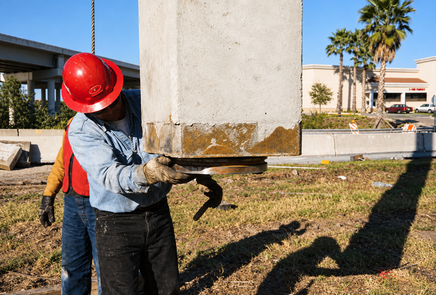 Worker guiding a prestressed concrete pile with a KIE-LOCK splice connector into position at a construction site