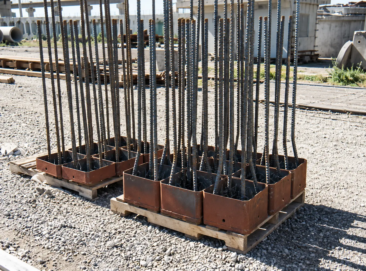 KIE-LOCK steel splice connector components arranged on pallets at a manufacturing yard