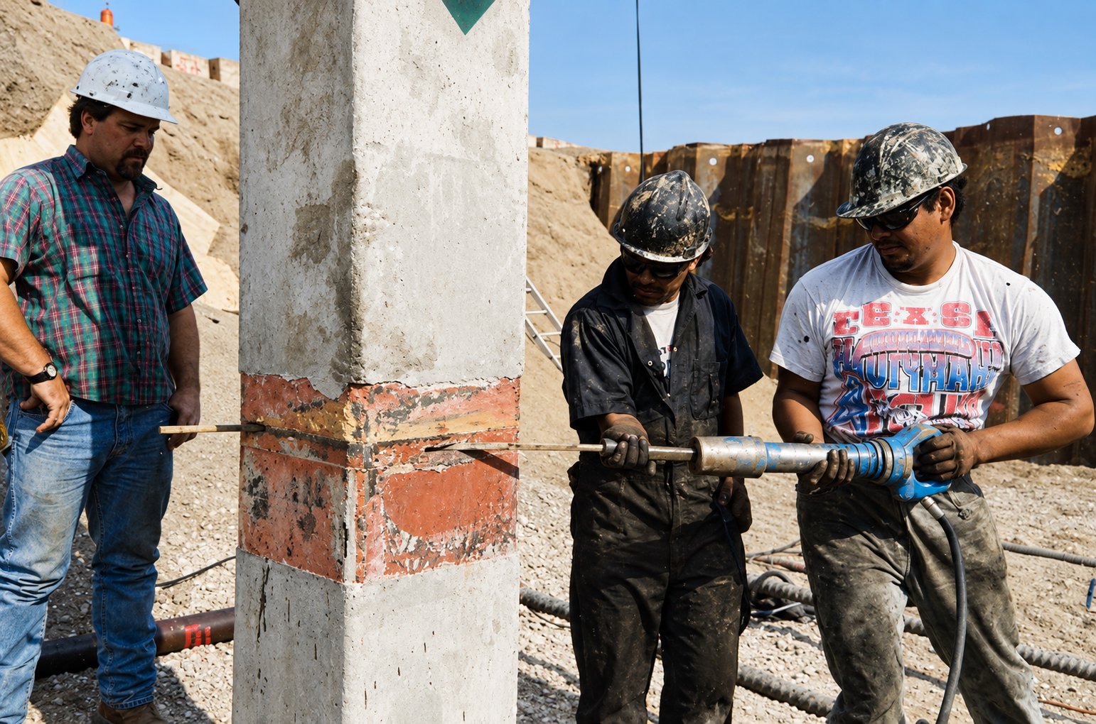 Crew installing a KIE-LOCK splice joint on a prestressed concrete pile at an excavation site